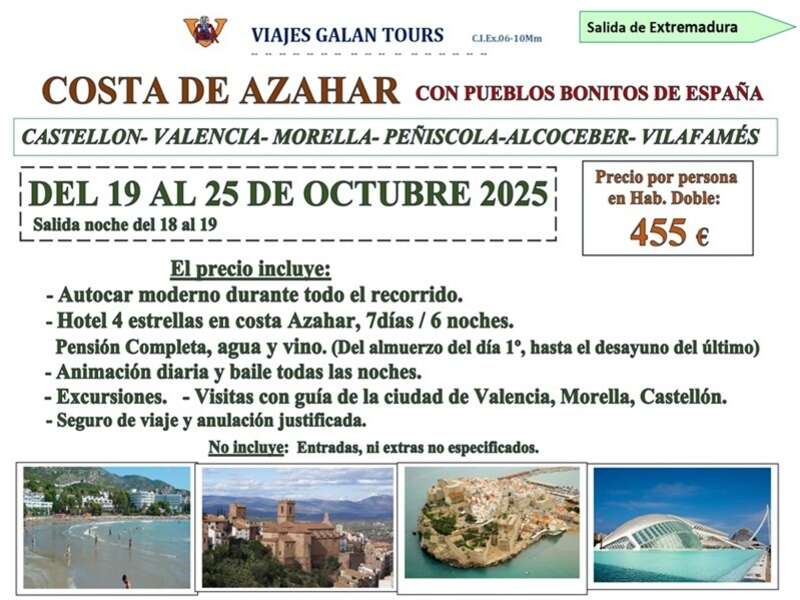 Ofertas Viaje - COSTA DE AZAHAR EN AUTOCAR DESDE EXTREMADURA