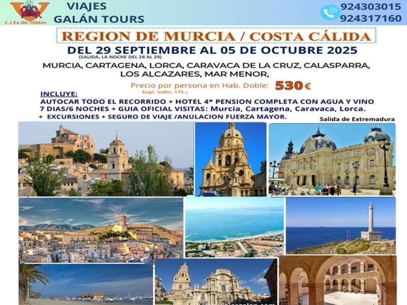 Ofertas Viaje - REGION DE MURCIA -COSTA CLIDA , EN AUTOCAR DESDE EXTREMADURA